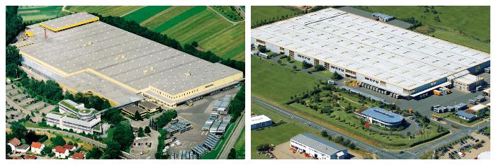 Kunststof kozijnen fabriek Duitsland: de hoofdvestiging in Rudersberg links en de fabriek in Triptis rechts.